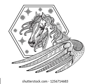 Vector hand drawing illustration zentangle pegasus in black color isolated on white background. Doodle pegasus illustration. Coloring fantasy pegasus with zentangle elements.Pegasus vector. 