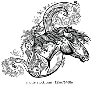 Vector hand drawing illustration zentangle horse in black color isolated on white background. Doodle horse  illustration with plant elements. Coloring fantasy horse with zentangle elements. 