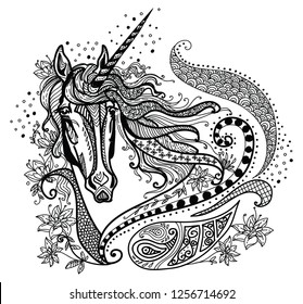 Vector hand drawing illustration zentangle unicorn in black color isolated on white background. Doodle unicorn illustration with plant elements. Coloring fantasy Unicorn with zentangle elements. 