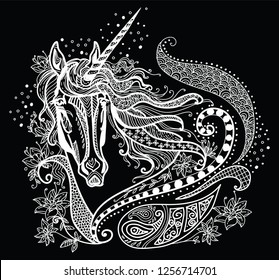 Vector hand drawing illustration zentangle unicorn in white color isolated on black background. Doodle unicorn illustration with plant elements. 