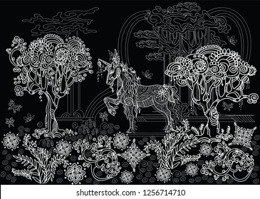 Vector hand drawing illustration zentangle unicorn with trees and plants in white color isolated on black background. Doodle unicorn illustration with plant elements. Coloring fantasy Unicorn with zen