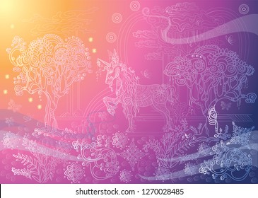 Vector hand drawing illustration zentangle magic horse in different colors isolated on gradient background. Colorful doodle unicorn illustration with plant elements.
