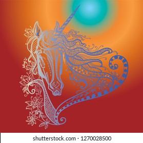 Vector hand drawing illustration zentangle magic horse in different colors isolated on gradient background. Colorful doodle unicorn illustration with plant elements. 