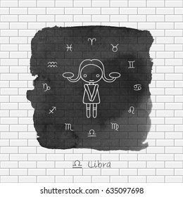 vector hand drawing illustration of the Zodiac sign Libra and black watercolor background. White brick wall texture. 