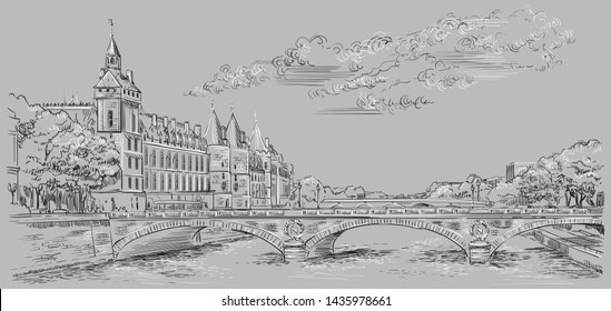 Vector hand drawing Illustration.Cityscape with The castle of Conciergerie on Seine river embankment.Landmark of Paris, France.Vector illustration in black and white colors isolated on grey background