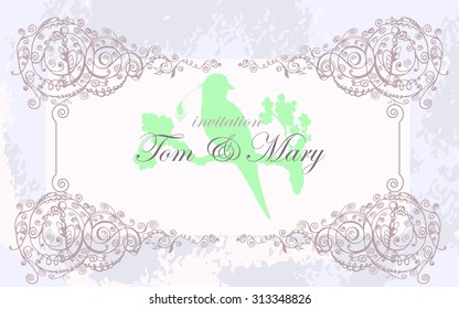 vector hand drawing invitation card with laces and bird for wedding and scrapbooking design