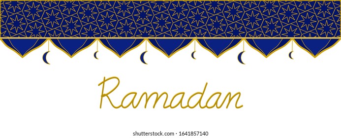 Vector - Hand drawing Islam pattern design with word Ramadan. Dark blue and gold color. Copy space for ant text design. Can be use for card, banner, brochure, advertising or web.