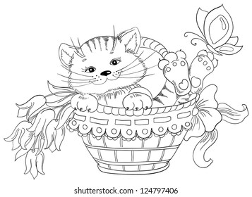 Vector hand drawing kitty and bouquet of flowers in basket