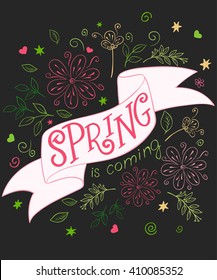 vector hand drawing lettering quote - spring is coming - on ribbon with curly, swirly, paw print, bird and feather shapes.