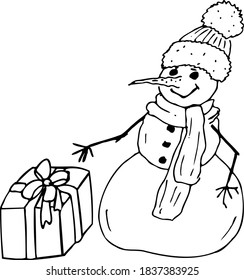 vector hand drawing line art illustration. Vector black line art snowman icon. Snowman christmas vector image. Vector Christmas colouring page for kids. Colouring book for children.