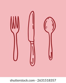 Vector hand drawing in linear style , sketch. Set knife, fork and spoon on pink background