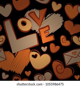 Vector hand drawing love motive. Abstract vector illustration. Seamless pattern Valentine background with hearts and love happy holiday in black, beige and orange colors.