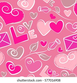Vector hand drawing love motive. Abstract vector illustration. Seamless pattern Valentine background with hearts, flower and love happy holiday in magenta and pink colors.