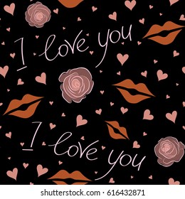 Vector hand drawing love motive on a black backdrop. Abstract vector illustration. Seamless pattern Valentine background with hearts and love happy holiday in pink and orange colors.