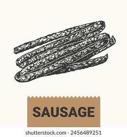 Vector hand drawing of many thin sausages on a white background.