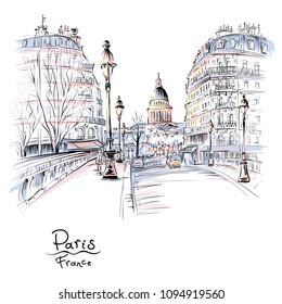 Vector hand drawing with markers. Bridge across river Seine Pont Louis Philippe near the Ile de la Cite in the winter morning, Pantheon in the background, Paris, France.