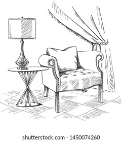 Vector hand drawing modern interior sketch. Living room furniture.