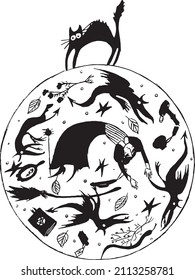 Vector hand drawing monochrome. Black cat witch and witch attributes