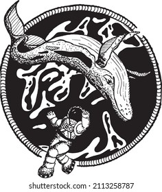 Vector hand drawing monochrome illustration of astronauts and whales