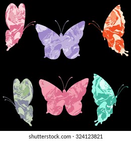 vector hand drawing multicolor butterfly's  with ebru pattern for floral, wedding and scrapbooking design