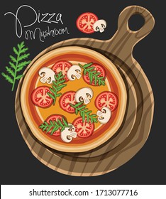 Vector hand drawing mushroom pizza on cutting board