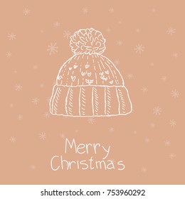 Vector hand drawing on a kraft background. Winter hat and Merry Christmas