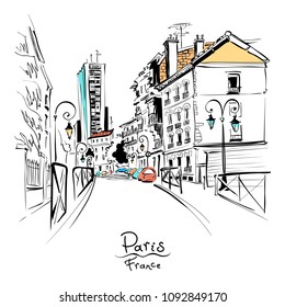 Vector hand drawing. Paris street with traditional houses and lanterns, Paris, France.
