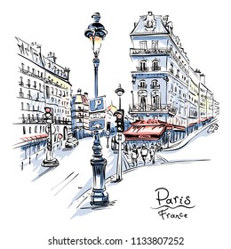 Vector Hand Drawing. Paris Street With Traditional Houses And Lanterns, Paris, France.