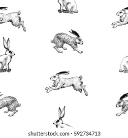 Vector hand drawing the pattern with rabbits silhouette in vintage style. Illustration for greeting cards, invitations, and other printing projects.