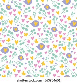 Vector hand drawing pattern with valentine's day elements on white background. Branches, hearts and butterflies in doodle drawing style.