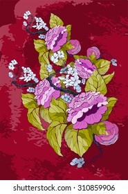 vector hand drawing  peonies in chinoiserie style for wedding and floral design on purple background