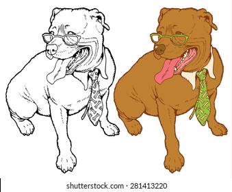 Vector hand drawing vector pitbull businessman in glasses and tie