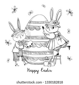 Vector hand drawing postcard with rabbit couple what painting easter egg, on white background with butterflies. Easter coloring book.