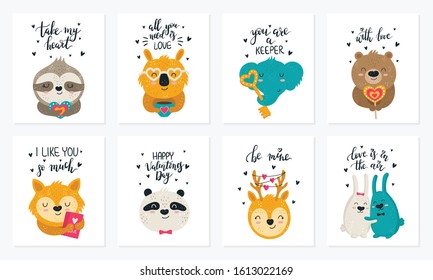 Vector hand drawing poster collection with cute animals and slogans. Doodle illustration. Valentine's day, anniversary, baby shower, birthday, children's party