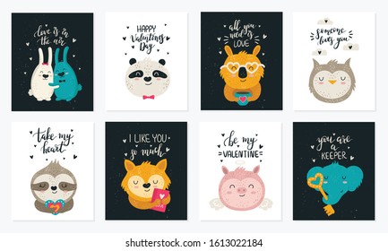 Vector hand drawing poster collection with cute animals and slogans. Doodle illustration. Valentine's day, anniversary, baby shower, birthday, children's party