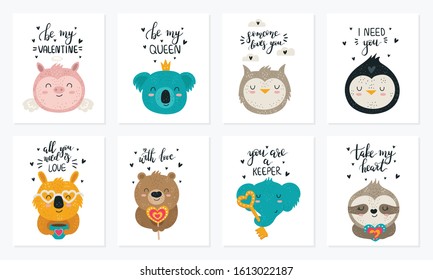 Vector hand drawing poster collection with cute animals and slogans. Doodle illustration. Valentine's day, anniversary, baby shower, birthday, children's party