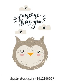 Vector hand drawing poster with cute owl and lovely slogan. Doodle illustration. Valentine's day, anniversary, baby shower, birthday, children's party