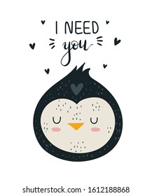 Vector hand drawing poster with cute penguin and lovely slogan. Doodle illustration. Valentine's day, anniversary, baby shower, birthday, children's party