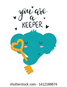 Vector hand drawing poster with cute elephant and lovely slogan. Doodle illustration. Valentine's day, anniversary, baby shower, birthday, children's party