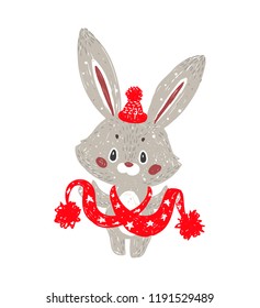 Vector hand drawing rabbit in a scarf. Doodle illustration. Good for wrapping,  baby shower, birthday, children's party, winter holidays.