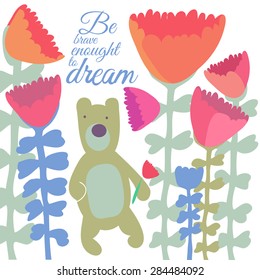 Vector hand drawing romantic illustration of cute bear with flowers