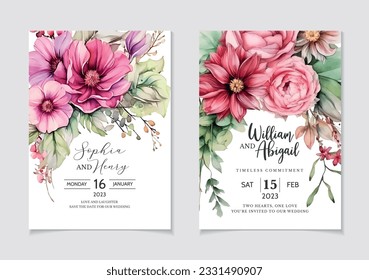 Dibujo de mano vectora romántica acuarela tarjeta de invitación de boda y plantilla de menú, tarjeta de bienvenida decorativa de diseño floral de acuarela, póster de eucalipto cumpleaños, vacaciones, fondo de diseño conjunto de verano.