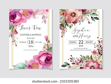 Vector hand drawing romantic watercolor wedding invitation card and menu template, Watercolor floral design decorative greeting card, eucalyptus poster birthday, holiday, summer set design background.