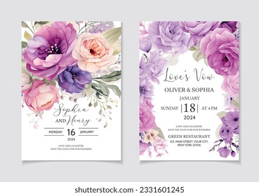 Dibujo de mano vectora romántica acuarela tarjeta de invitación de boda y plantilla de menú, tarjeta de bienvenida decorativa de diseño floral de acuarela, eucalipto, cumpleaños de afiche, vacaciones, fondo de diseño de conjunto de verano