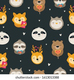 Vector hand drawing seamless pattern with cute animals. Doodle background. Valentine's day, anniversary, baby shower, birthday, children's party