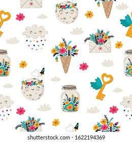 Vector hand drawing seamless pattern. Background with cute doodle illustrations. Valentine's day, anniversary, baby shower, birthday, children's party, spring holiday