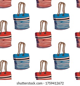 Vector hand drawing seamless pattern of beach bag for travel or voyage
