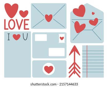 Vector Hand Drawing Set of simple  Letters with text and hearts. Valentine’s Day Celebration. Flat Style. Use for poster, card, print, stickers.