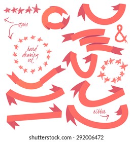 Vector hand drawing set of stars and ribbons