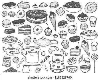 Vector hand drawing set of sweets, Cupcake, cake, ice cream, tea, coffee, candy, sandwich. Doodle design illustration